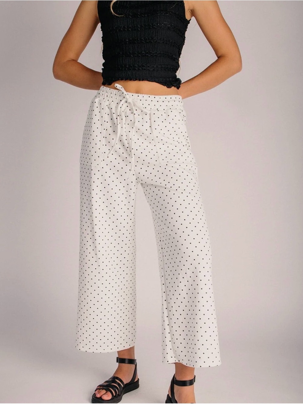The Harkins Relaxed Wide Leg Pants in Cream Polka
Dot